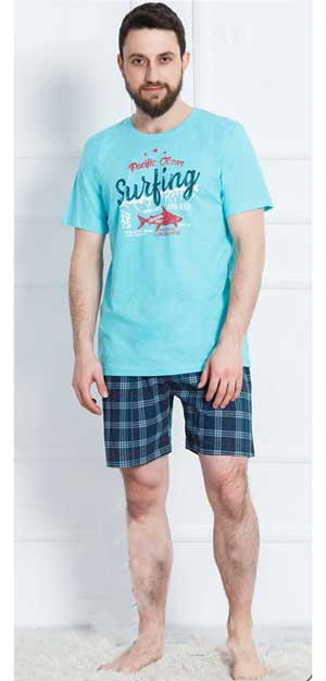пижама мужская берюзовая футболка с принтом Surfing 399
