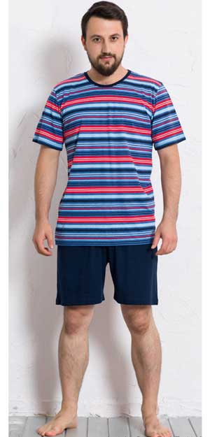 мужские пижамы полосатая футболка (полоски синие,красные и голубые) 403